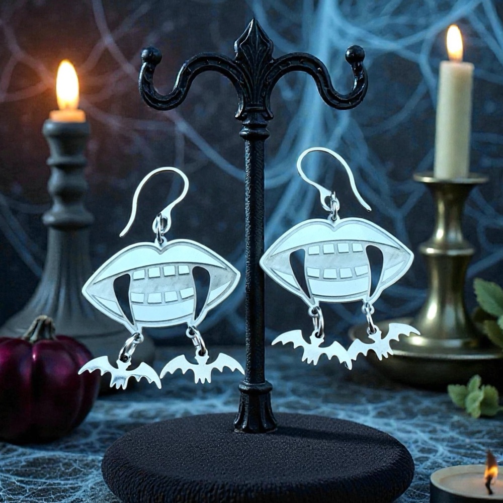 Vampire Teeth with Bats Laser Etched Earrings
